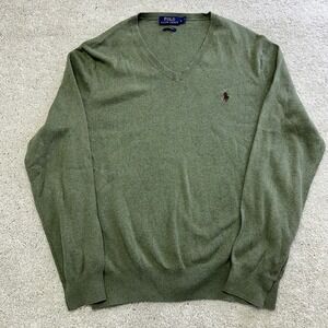Polo Ralph Lauren Sweater Mens L Green Pima Cotton V Neck Pullover Pony Logo